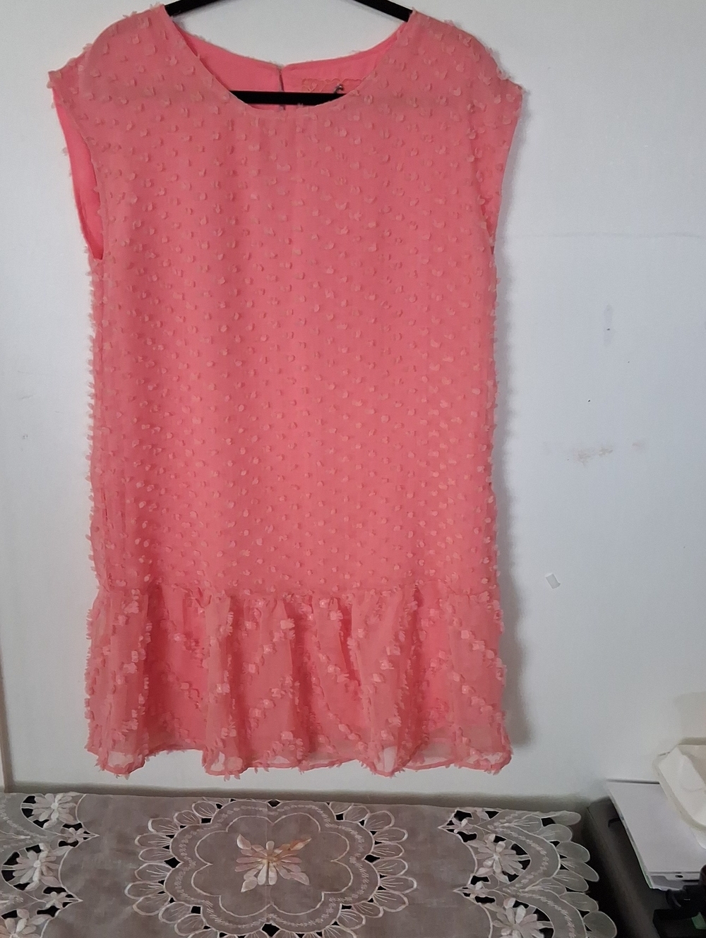 Cupio Coral Pink Textured Drop-Waist Ruffle Dress